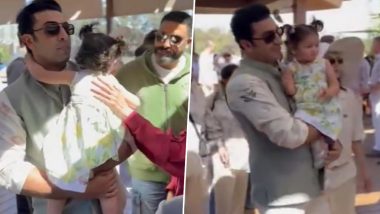 Abhishek Bachchan Showers Love on Ranbir Kapoor and Alia Bhatt's Daughter Raha at Anant Ambani-Radhika Merchant's Pre-Wedding Event (Watch Video)